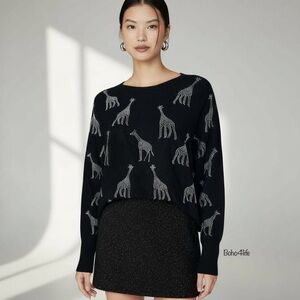 New $99 LIV Milano Black Embellished Rhinestone Giraffes Pullover Sweater Sz M